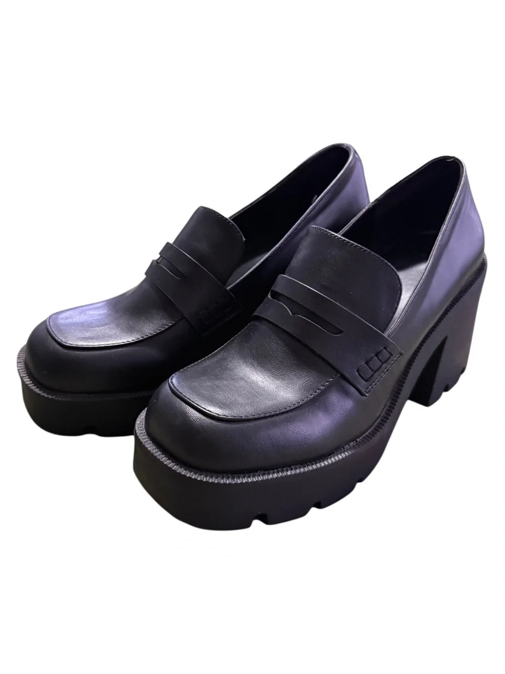 JF Black Chunky Platform Heeled Penny Loafers Lug Sole Size 11 NWOT